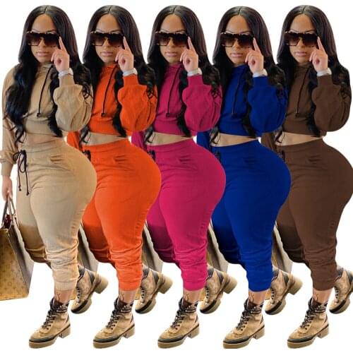 2021 Autumn New Fashion Sexy Two-Piece Hooded Long-Sleeved Trousers with Drawstring Pure Color for Women