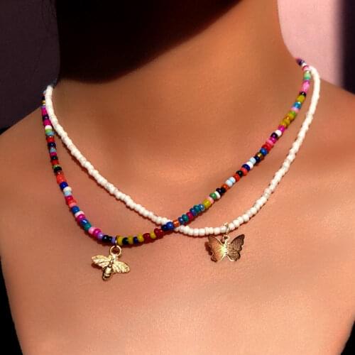 2 Pcs/Set Gold Bee Butterfly Pendant Beaded Necklace For Women Colorful White Acrylic Seed Bead Strand Bohemian Jewelry 2021 New