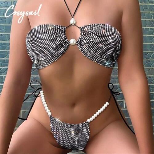 Sexy Glitter Rhinestone Swimsuits Bikini Set for Women Pearl Sleeveless Backless Body Jewelry Summer Beach Nightclub Jewelry