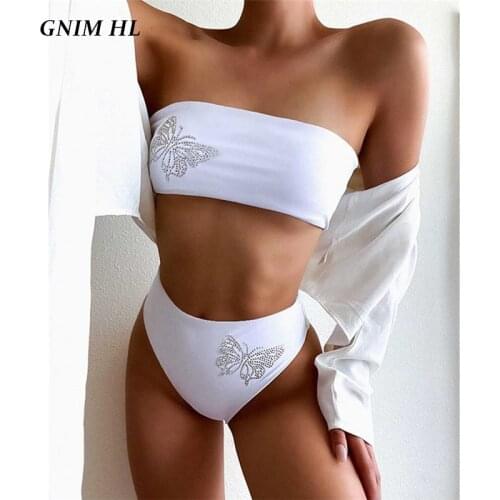 Sexy Rhinestone Butterfly Swimwear Women 2 Piece Bandeau Bikini Set 2020 High Waist Solid Swimsuit Female Beach Wear Biquini New