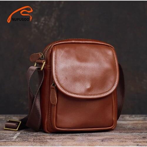 NUPUGOO Vintage Mens Shoulder Bag Genuine Leather Casual Original Messenger Small Crossbody Flap Zipper Bag For Young People