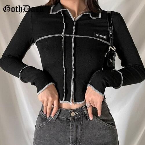 Goth Dark Punk Black Techwear Gothic Women T-Shirts Grunge Hip Hop Bodycon Patchwork Crop Tops Long Sleeve Basic Streetwear Tee