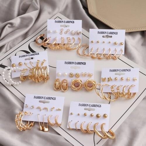 Womens Korean Vintage Geometric Gold Metal Stud Earrings Set Punk Pearl Butterfly Cross Earring Set 2021 Trend Earings Jewelry