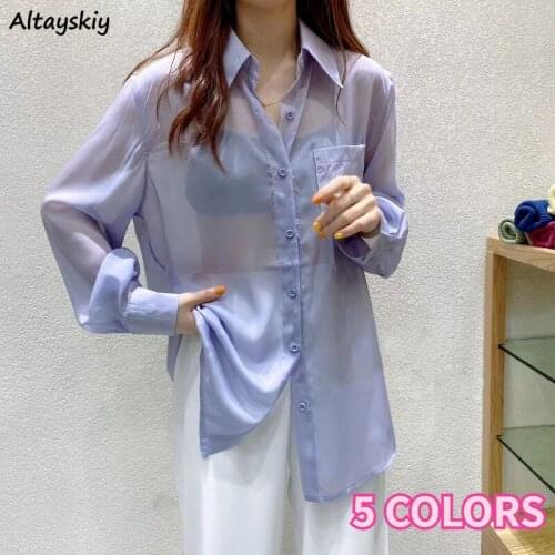 Shirts Women Chiffon Simple Basic Loose Summer Koran Style Soft See-through Thin Sun Protection Tops Leisure All-match Fashion