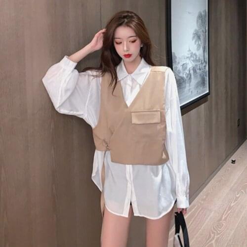 2021 Hot Vest Jacket Two-Piece Suit Women Autumn New Fashion All-Match Solid Color Slimming Shirt + Pocket