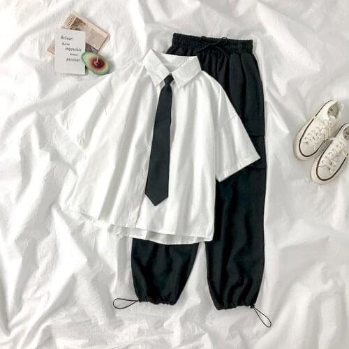 Womens Suit Summer Fashion Suit Female Student Korean Short Sleeve Shirt and Overalls High Waist Thin Casual Pants Two Piece Set