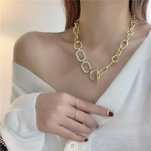 SRCOI Fashion Simple Crystal Chunky Thick Chain Necklace Vintage Classic Shiny Rhinestone Toggle Clasp Necklace Women Jewelry