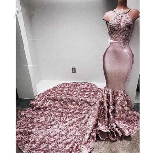 Dusty Pink 3D Rose Flowers Mermaid Sheath Charming Women Prom Dress Appliques Bust Design Custom Made Maxi Gowns Black Girl Gown