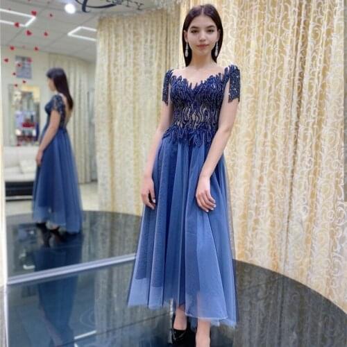Sparkle Blue Evening Dress Tassel Sheer Neck Cap Sleeve Lace Appliques Beads Button Ankle-Length Formal Party Prom Gown 2021