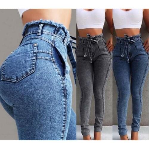 Hot Sale Womens Fashion Style Slim Pencil Denim Pants Female Stretch Skinny Sport Jeans Lace-up High Waisted Long Trousers