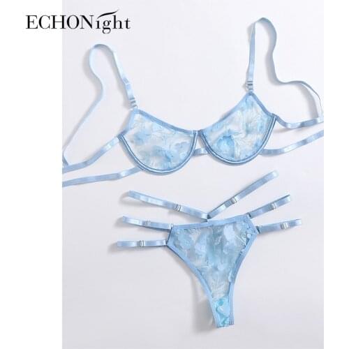 Echonight Applique Sensual Lingerie Woman Underwear Women Underwire Lingerie Sexy Set Woman 2 Pieces Transparent Brief Sets