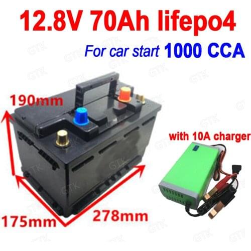 GTK 12.8V Lifepo4 12V 70Ah lithium battery CCA 1000A lithium Iron phosphate for vehicle start car boat inverter + 10A Charger
