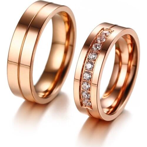 Stainless Steel Rose Gold Women Men Lovers Zircon Stone Wedding Finger Rings Jewelry Gift For Him