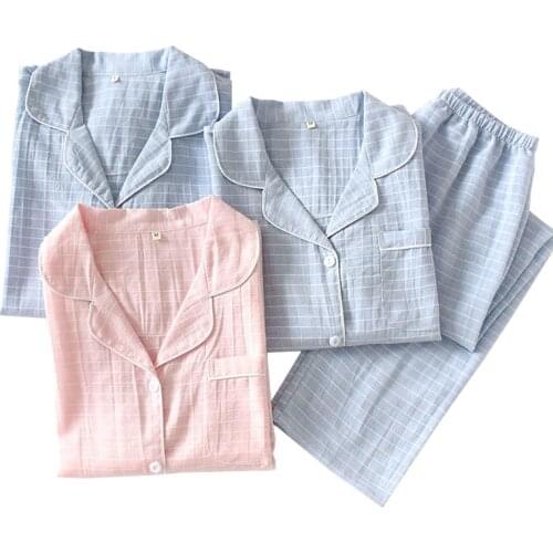 Spring New Couples Simple Style Pajamas Set Men And Women Striped Sleepwear Set Full Sleeve Lovers 2Pcs Gauze Cotton Homewear