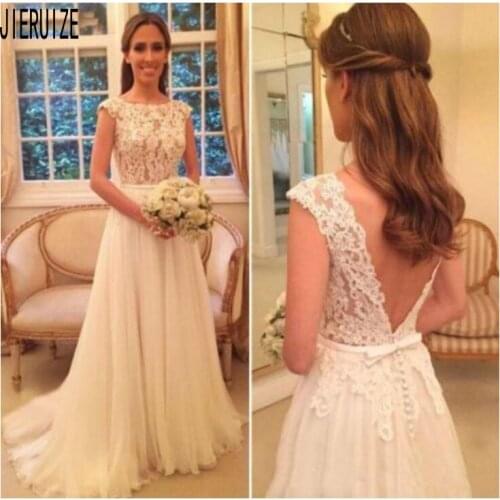 JIERUIZE Hollow Lace Wedding Gowns Jewel Neck Backless With Button Bow Bash Cap Sleeves Wedding Bride Dress vestido de noiva