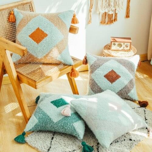 45x45cm Cushion Cover Square Pillow Case Diamond Orange Mint Green Brown Pillow Cover Home Decoration Sofa Feather Tassels Plush