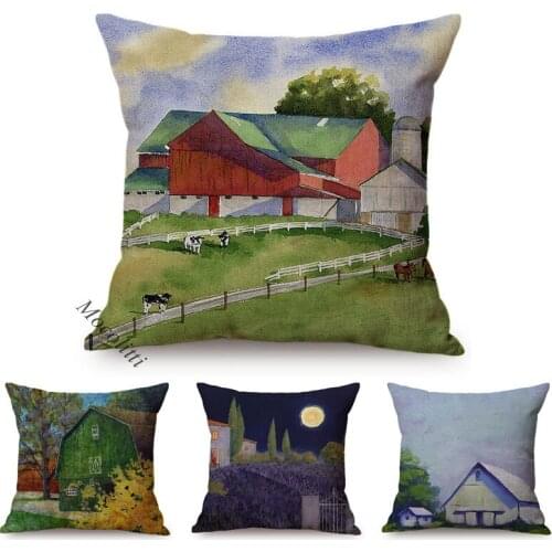 Nordic Farm Pattern Pillows Cover Country Landscape Watercolor Home Decoration Square Cushion Cover Cotton Linen Sofa Pillowcase