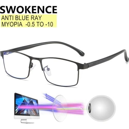 SWOKENCE Blue Light Against Prescription Glasses Myopia -0.5 to -10 Women Men Alloy Full Frame Spectacles For Nearsighted F513