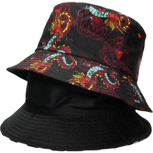 Korean Fashion Harajuku Hat Reversible Bucket Hats Men Dragon Print Hip Hop Caps Women Fishing Fisherman Hat