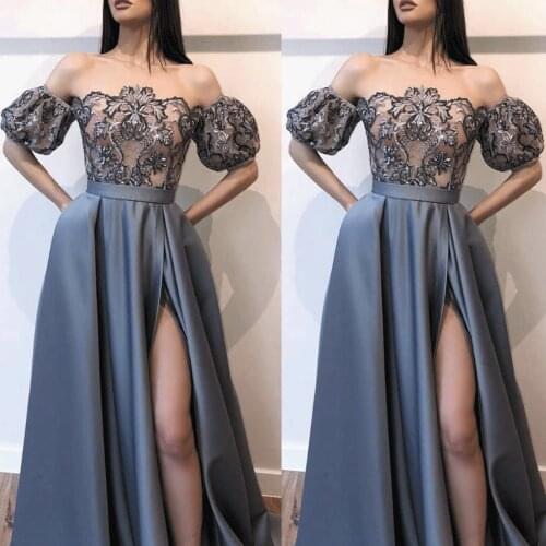 SuperKimJo Flare Sleeve Gray Prom Dresses Long Lace Applique Satin A Line Prom Gowns Vestido De Festa De Longo