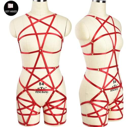 Goth Pentagram Body Harness Set Punk Pole Dance Harness Bra Rave Pentagram Leg Garter Belt Bondage Sexy Lingerie Body Cage