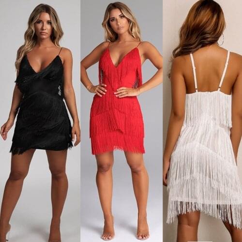 Sexy Deep V-Neck Spaghetti Strap Backless Patchwork Bodycon Dress Summer Fringe Tassel Nightclub Party Prom Mini Dress Vestidos