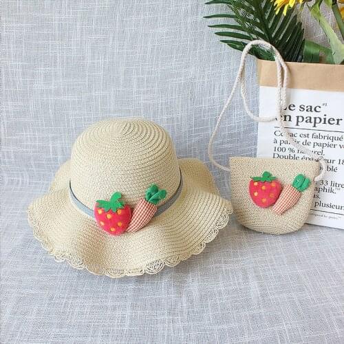 New Summer Girls Beach Sun Hat Children Beige Frog Straw Bucket Cap with Cute Bag Flowers Flat Top Fedoras Outdoor Panama