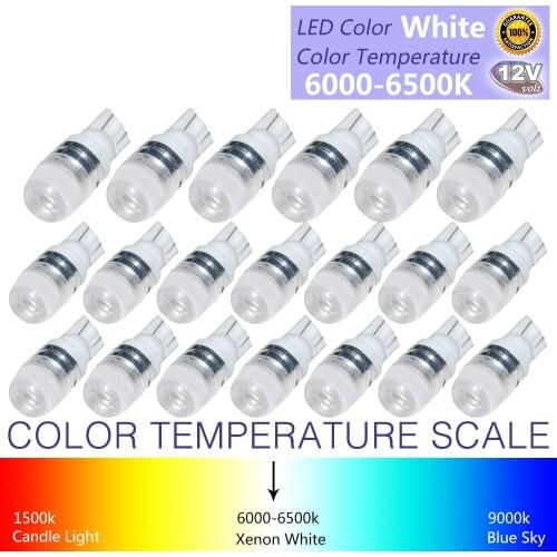 20Pcs High Power T10 LED Light White Super Bright 1.5W W5W 194 192 168 DC 12V Auto Car Bulb Reading Light Lamp
