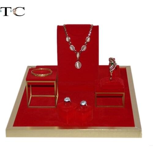 Stainless Steel Jewelry Display Showcases Red Velvet Ring Earrings Holder Jewellery Window Showed Pendant Stand 52*38*24cm