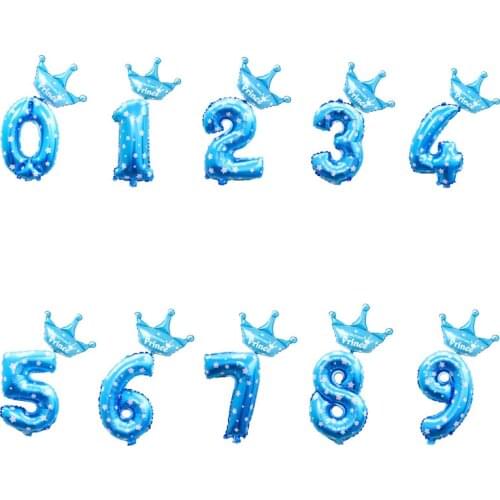 Large 32inch Helium Air Digit Figure Big Prince and Princess Crown Number Foil Balloon Birthday Party Decorations Kids Blue & Pi