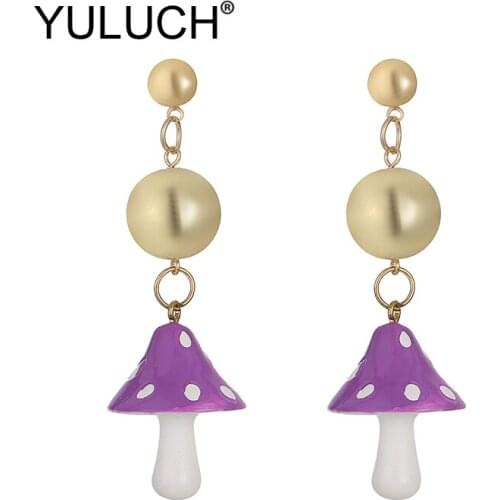 YULUCH 2019 New Design Handmade Purple Red Acrylic Mushroom Pompom Pom Pom Long Stud Earrings Fashion Jewelry For Women Party