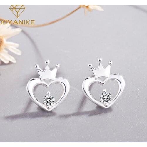 XIYANIKE 925 Sterling Silver Fashion Creative Crown Hollow Heart-Shaped Stud Earrings For Women Prevent Allergy Jewelry Gift