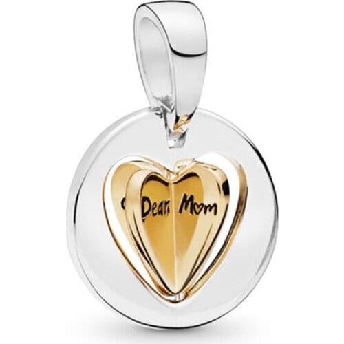 Authentic 925 Sterling Silver Bead Moms Golden Heart Dangle Charm Fit Fashion Women Pandora Bracelet Bangle Gift DIY Jewelry