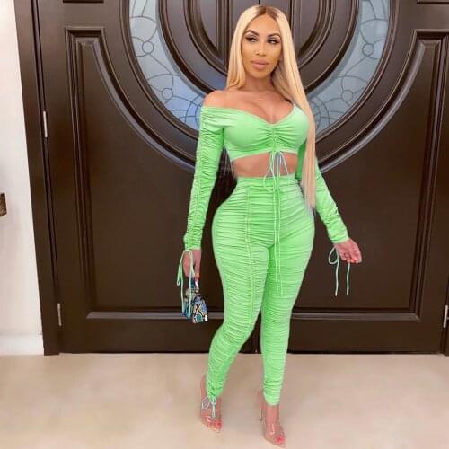 2020 Summer Two Piece Set Women Full Sleeve Pleated Off Shoulder Strapless Crop Top+Pencil Pants Suits Matching Sets Tracksuits