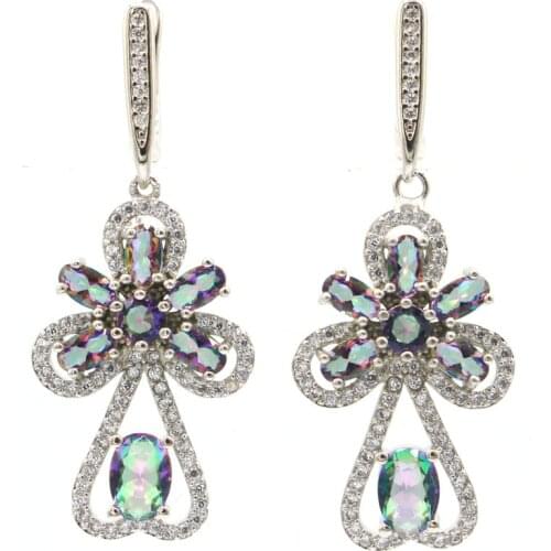 50x17mm Anniversary Long Created Violet Tanzanite Rhodolite Garnet White CZ For Women Daily Wear Silver Earrings