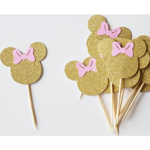 Glitter gold Mouse cake toppers, gold and pink party decor, mouse table decor, Doughnut topper