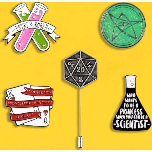 Science laboratory pins Quote enamel pins brooches D20 game totem Playing cards Badges Clothes bag Lapel pin Couple Jewelry gift