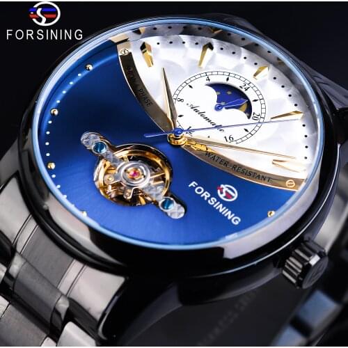 Forsining Royal Blue Automatic Male Watch Tourbillon Moonphase Mechanical Mens Watches Black Steel Strap Clock Relogio Masculino