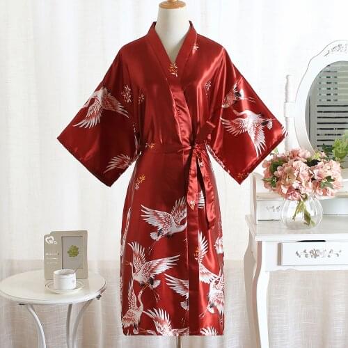 Home Clothing Negligee Casual Rayon Sleepwear Soft Nightgown Female Kimono Gown Print Crane Home Clothing Bride Wedding Robe