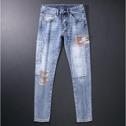 American Street Fashion Men Jeans Retro Light Blue Slim Fit Ripped Jeans Men Embroidery Patch Designer Hip Hop Denim Punk Pants