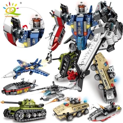 HUIQIBAO 733pcs 6in1 Transformation Robot Building Block Military Tank Helicopter Boat War Warrior Creator Bricks For Children