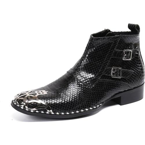 Fashion Men Plus Size Party Ankle Boots Man Black Snakeskin Grain Leather Boots Business Party Male Buckle Short Boots