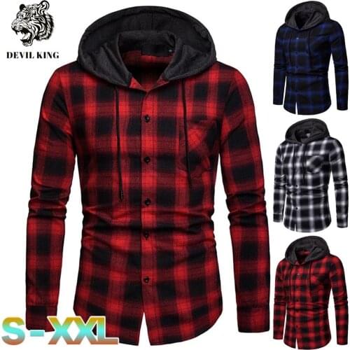 DEVIL KING Mens Spring and Autumn Fashion Business Classic Plaid Long-sleeved Hooded Shirt