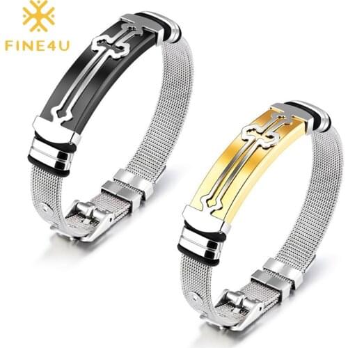 FINE4U B549 Mens Adjustable Bracelet Cross Stainless Steel Mesh Chain Wrist Band Bracelet
