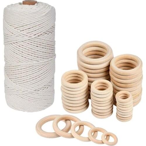 50Pcs Unfinished Wooden Rings, for Craft, Ring Pendant, DIY Connectors, Jewelry Making (Including Cotton Rope)