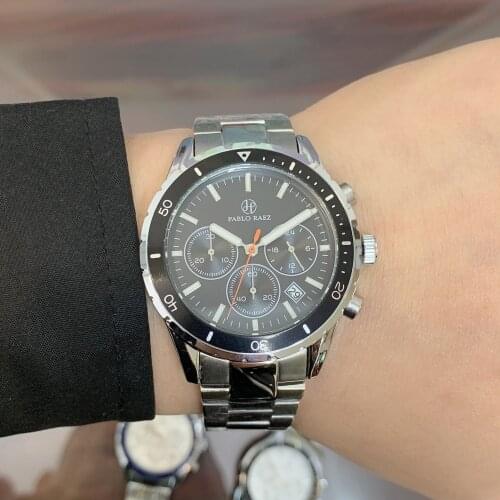 PABLO RAEZ Men Dress Wristwatches Top Brand Luxury Black Steel Quartz Watch Male Waterproof Sports Chronograph Relogio Masculino