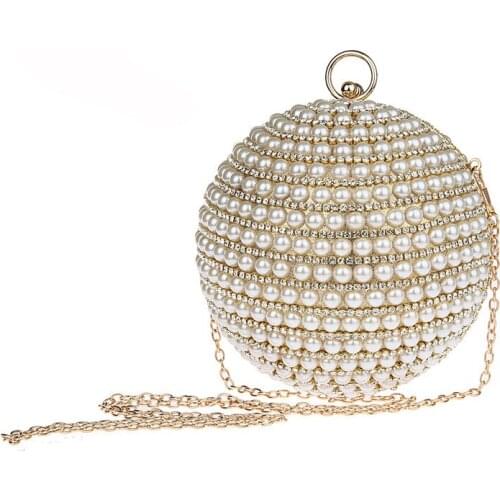 Luxury Women Pearl Beading Evening Bag Round Diamond Bridal Wedding Party Hand Bags Chain Clutch Mini Dinner Purse bolso WY149