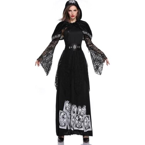 Long Sleeves Black Magic Sorceress Gothic Fancy Dress Cosplay Witch Costume Sexy Adult Halloween Costumes for Women