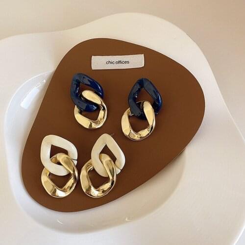 Retro Matte Gold Color Chunky Cuban Chain Earrings for Women Minimalist Navy Blue White Arcylic Wide Curb Link Drop Earrings