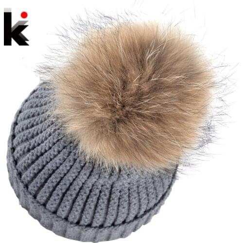 Women Bonnet Beanie Raccoon Fur Pom Poms Wool Hat Knitted Skullies Fashion Caps Ladies Knit Cap Winter Hats For Women Beanies